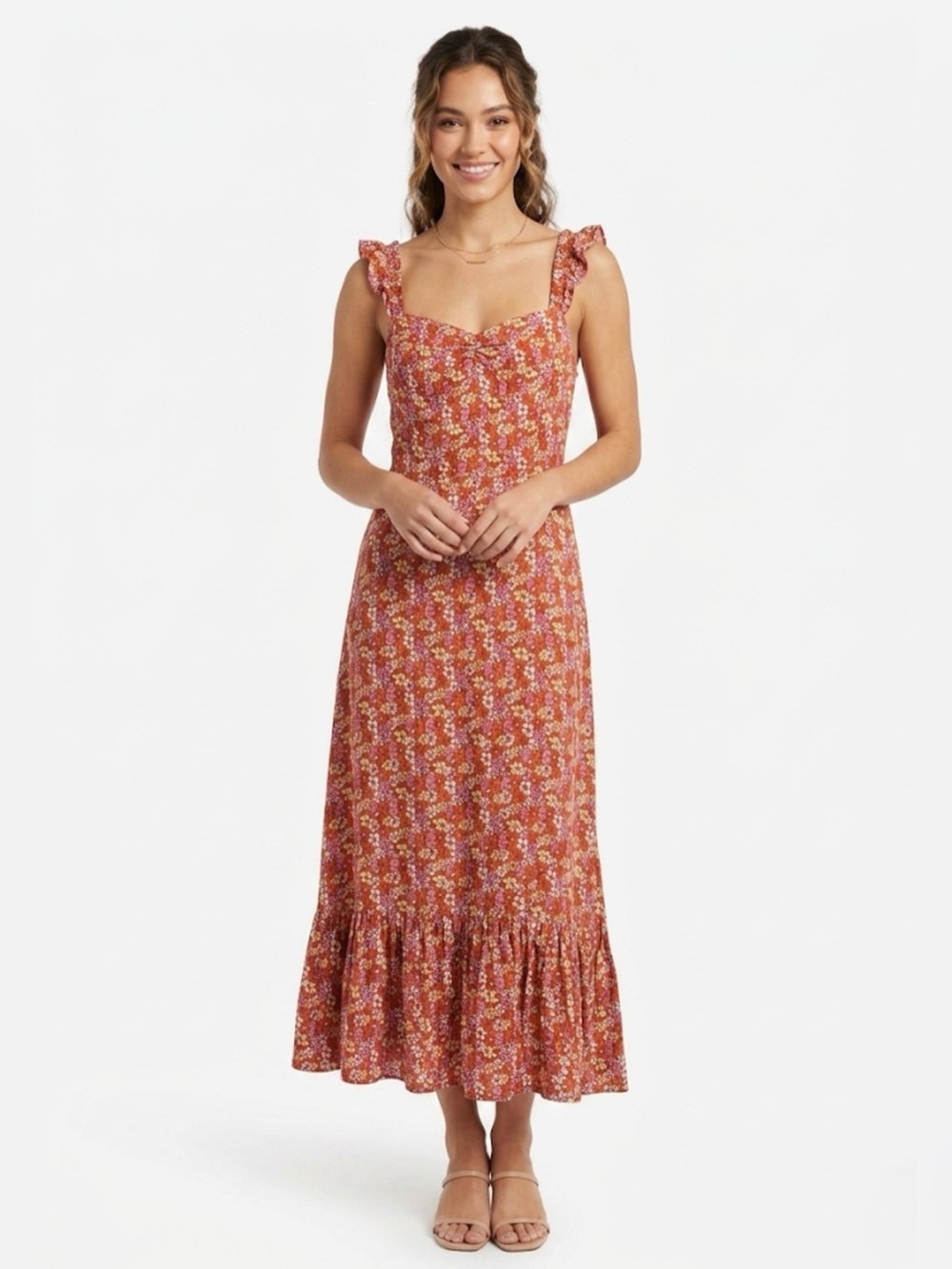 LUSH Floral midi Dress Size Large Ruffle Strap Smocked